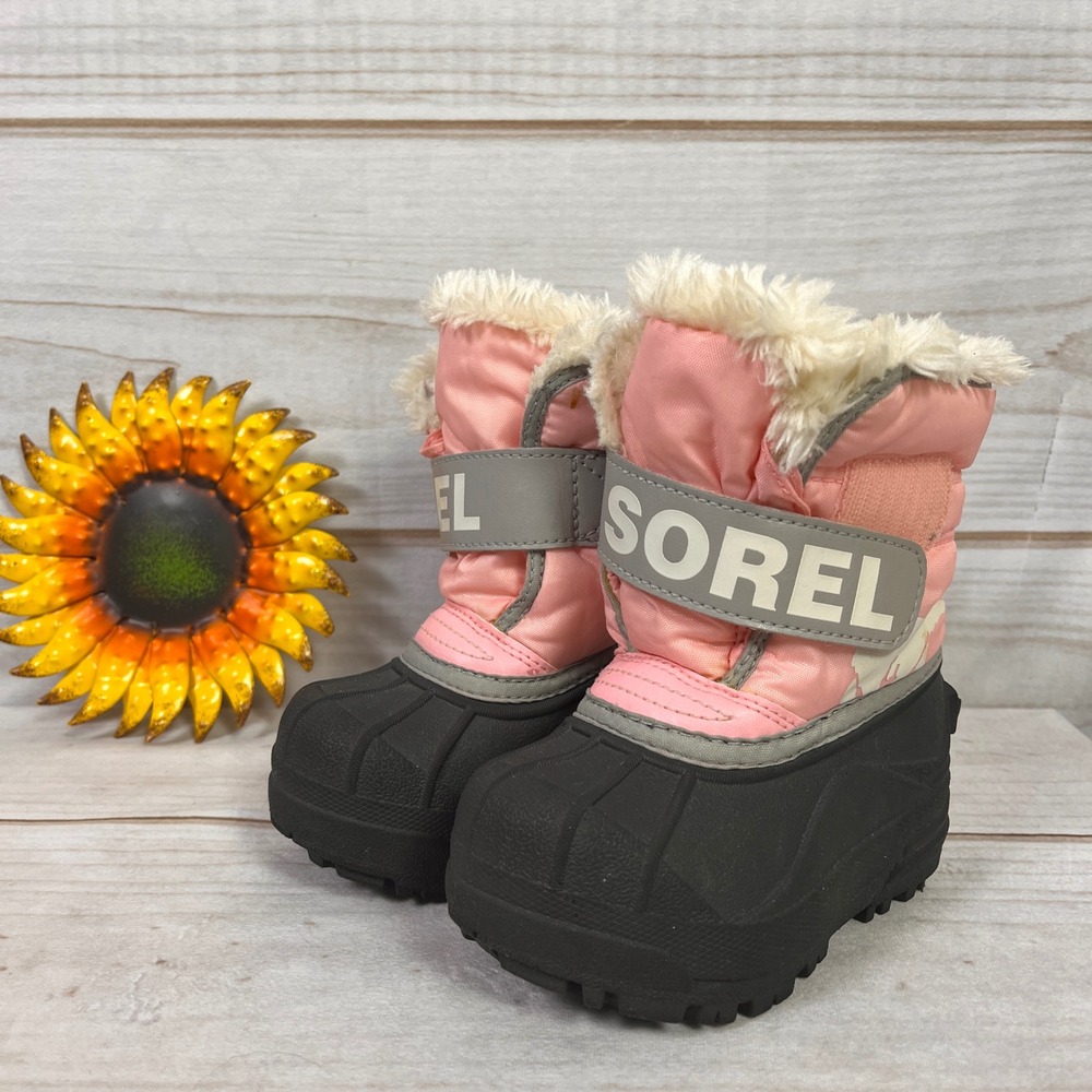 Sorel‎ Snow Commander Toddler Boots Pink Black Waterproof Faux Fur Size 6